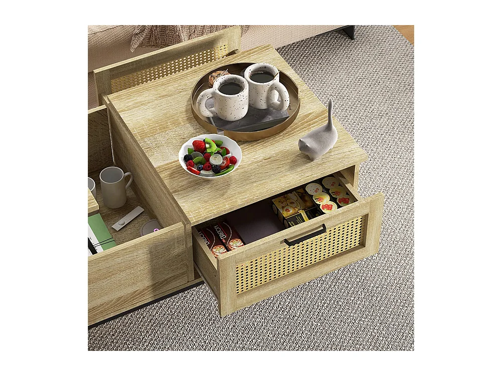 Table basse avec plateau relevable table de salon avec 2 grands tiroirs cadre en acier naturel