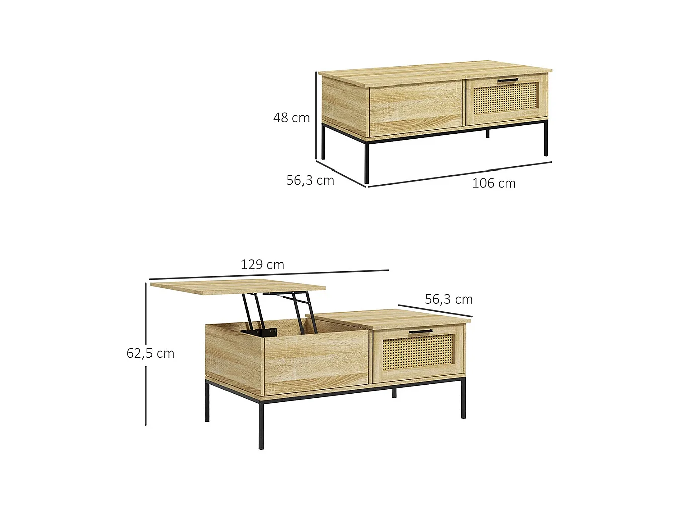 Table basse avec plateau relevable table de salon avec 2 grands tiroirs cadre en acier naturel