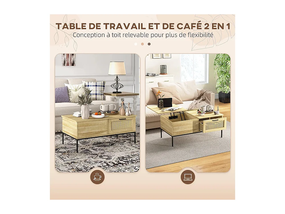 Table basse avec plateau relevable table de salon avec 2 grands tiroirs cadre en acier naturel