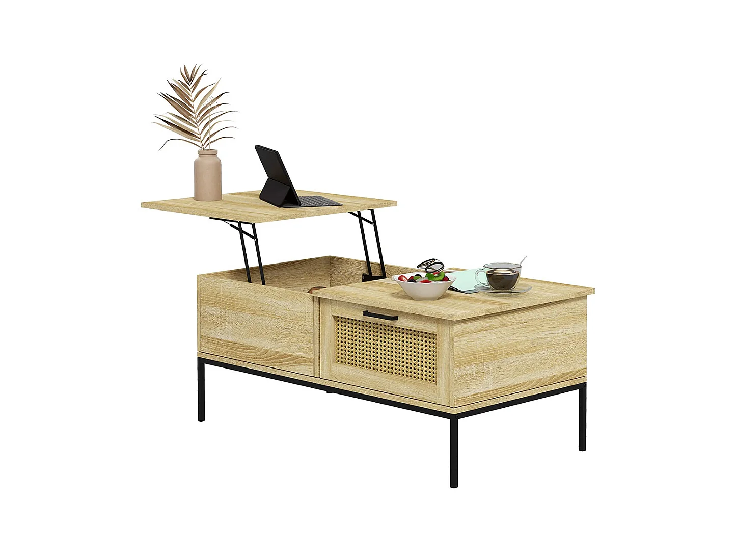 Table basse avec plateau relevable table de salon avec 2 grands tiroirs cadre en acier naturel