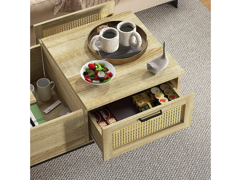 Table basse avec plateau relevable table de salon avec 2 grands tiroirs cadre en acier naturel