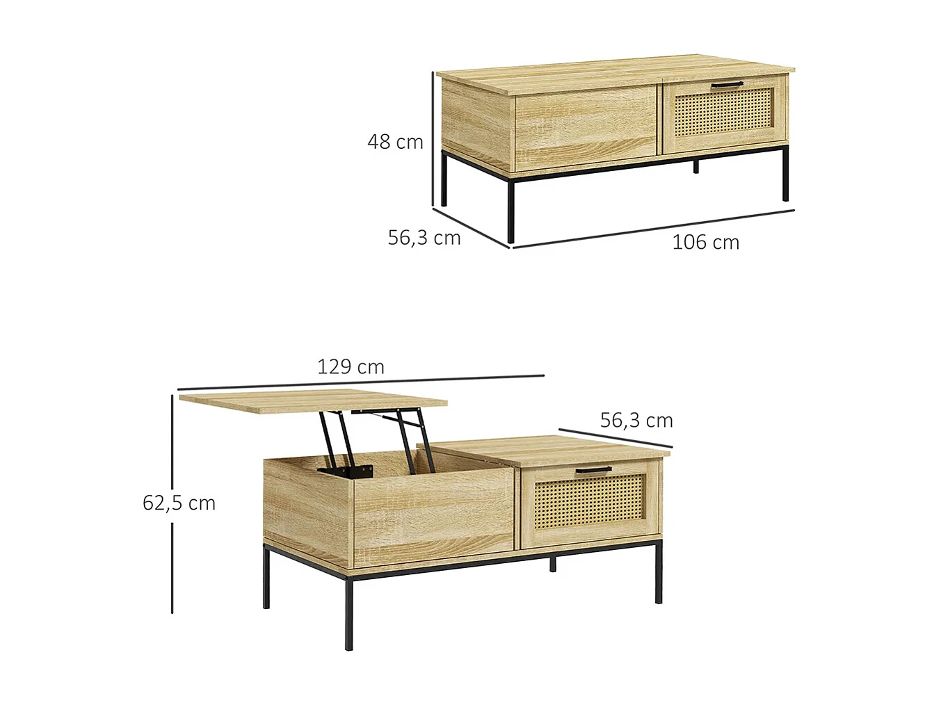 Table basse avec plateau relevable table de salon avec 2 grands tiroirs cadre en acier naturel