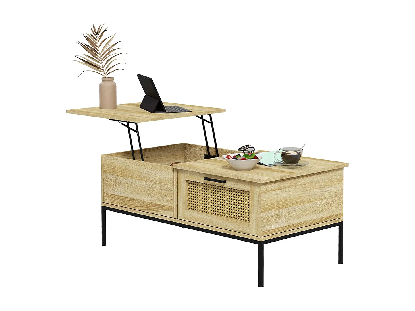 Table basse avec plateau relevable table de salon avec 2 grands tiroirs cadre en acier naturel