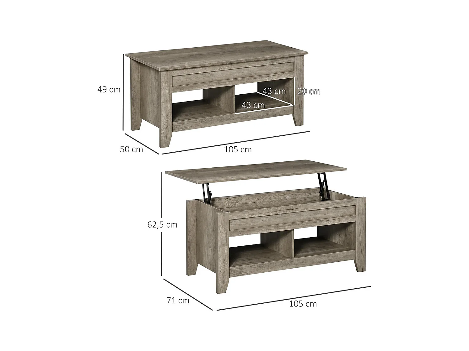 Table basse plateau relevable table de salon avec étagères et compartiment bois chêne