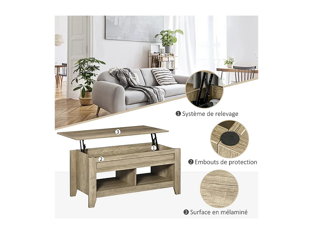 Table basse plateau relevable table de salon avec étagères et compartiment bois chêne