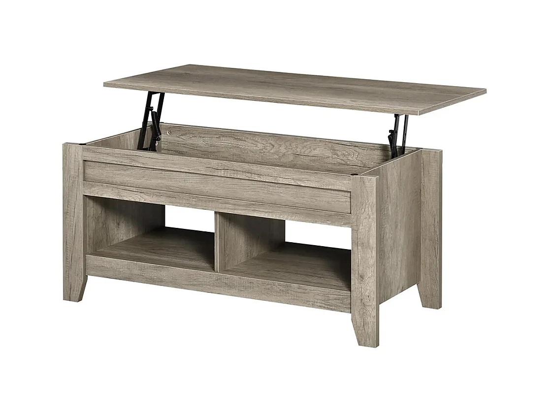 Table basse plateau relevable table de salon avec étagères et compartiment bois chêne