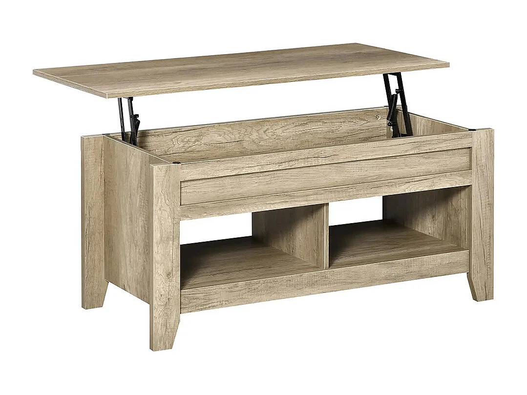 Table basse plateau relevable table de salon avec étagères et compartiment bois chêne