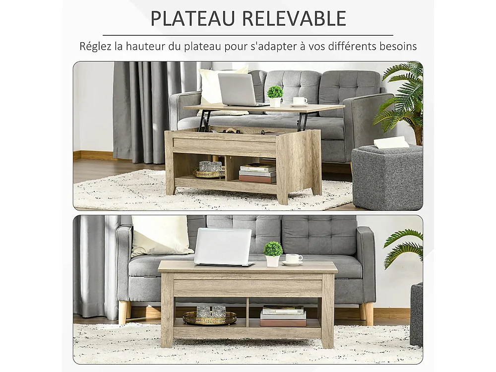 Table basse plateau relevable table de salon avec étagères et compartiment bois chêne