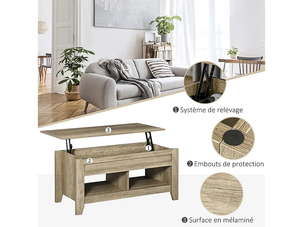 Table basse plateau relevable table de salon avec étagères et compartiment bois chêne