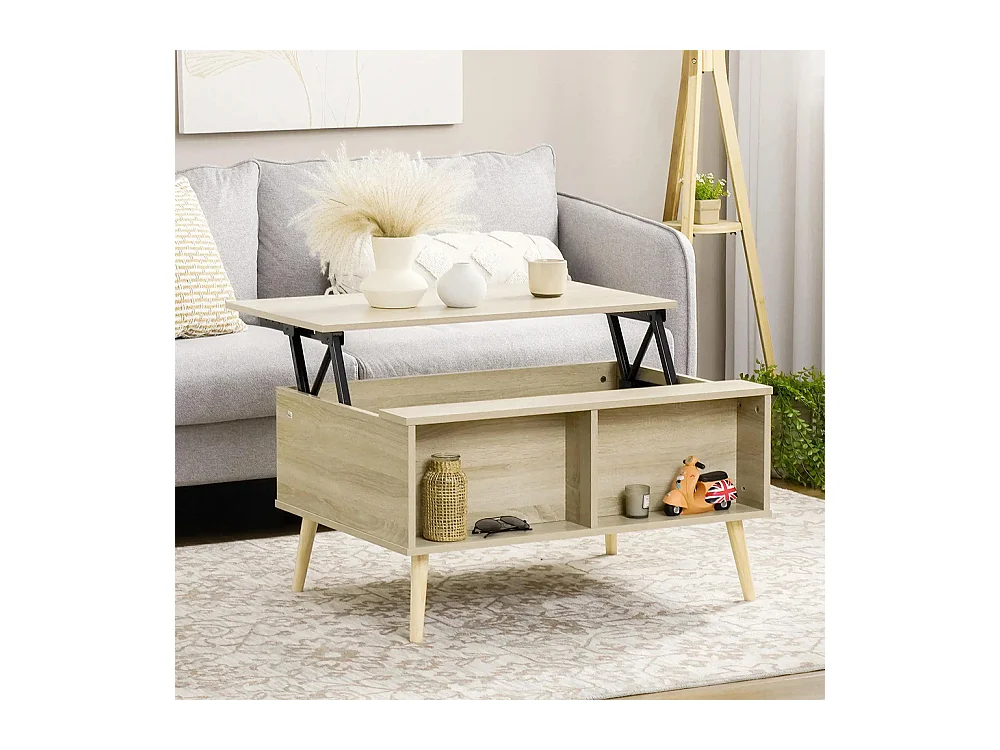Table basse rectangulaire table de salon plateau relevable 2 niches coffre en bois bois clair