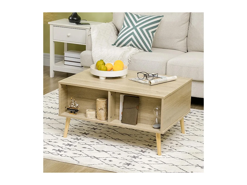 Table basse rectangulaire table de salon plateau relevable 2 niches coffre en bois bois clair