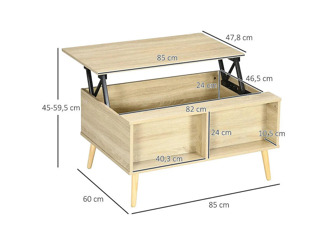 Table basse rectangulaire table de salon plateau relevable 2 niches coffre en bois bois clair