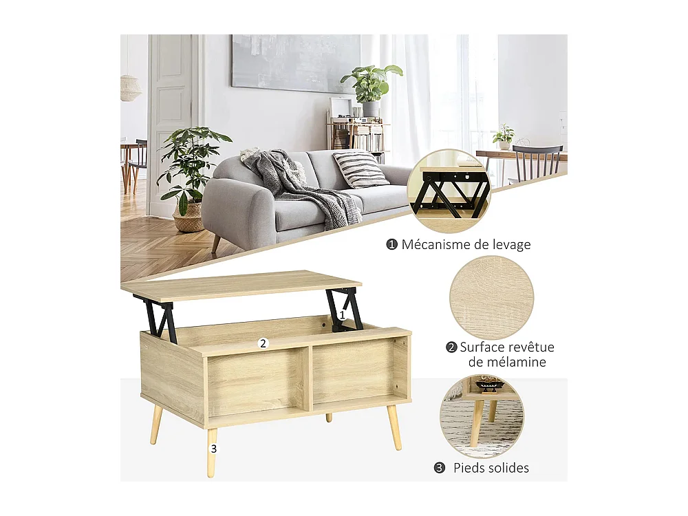 Table basse rectangulaire table de salon plateau relevable 2 niches coffre en bois bois clair