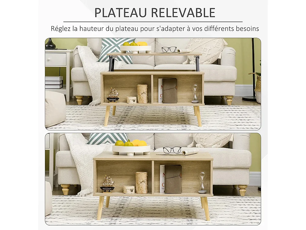 Table basse rectangulaire table de salon plateau relevable 2 niches coffre en bois bois clair