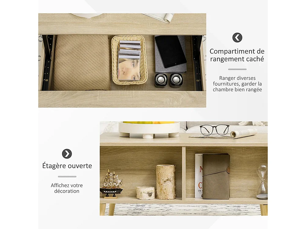Table basse rectangulaire table de salon plateau relevable 2 niches coffre en bois bois clair