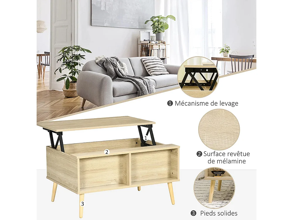 Table basse rectangulaire table de salon plateau relevable 2 niches coffre en bois bois clair