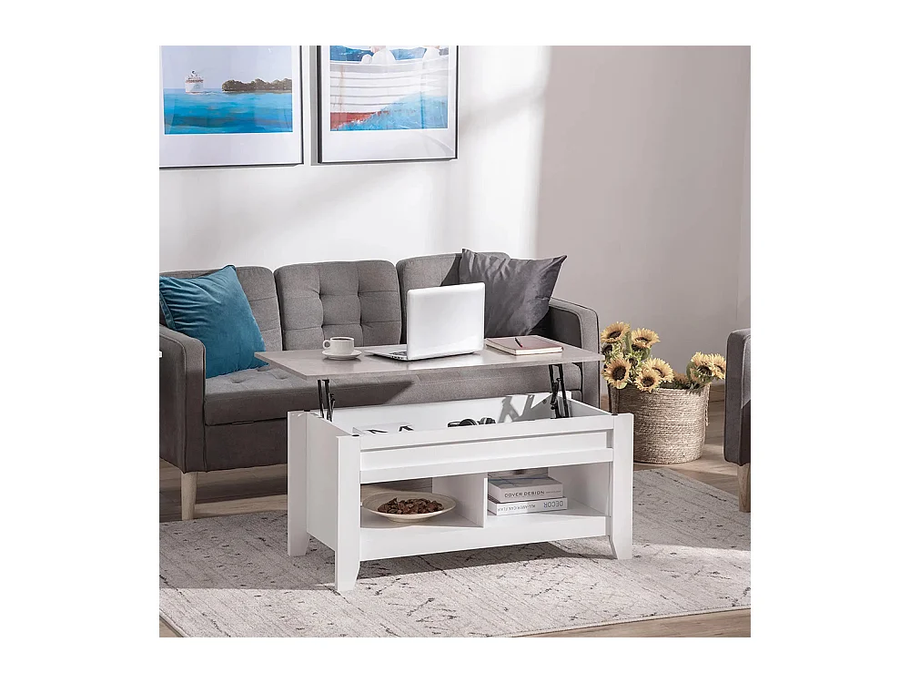 Table basse plateau relevable table de salon avec étagères et compartiment bois blanc