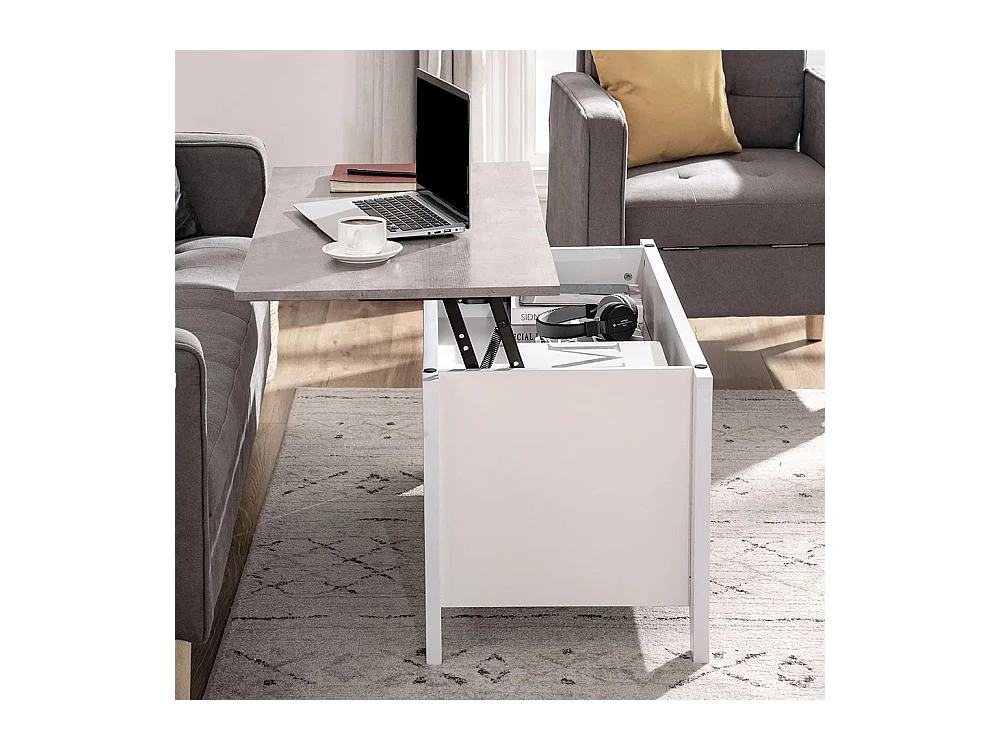 Table basse plateau relevable table de salon avec étagères et compartiment bois blanc