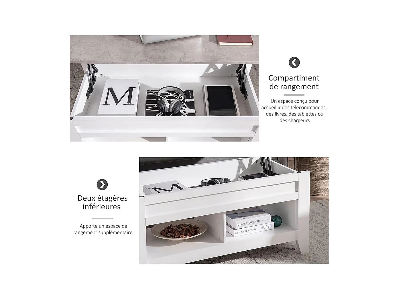 Table basse plateau relevable table de salon avec étagères et compartiment bois blanc