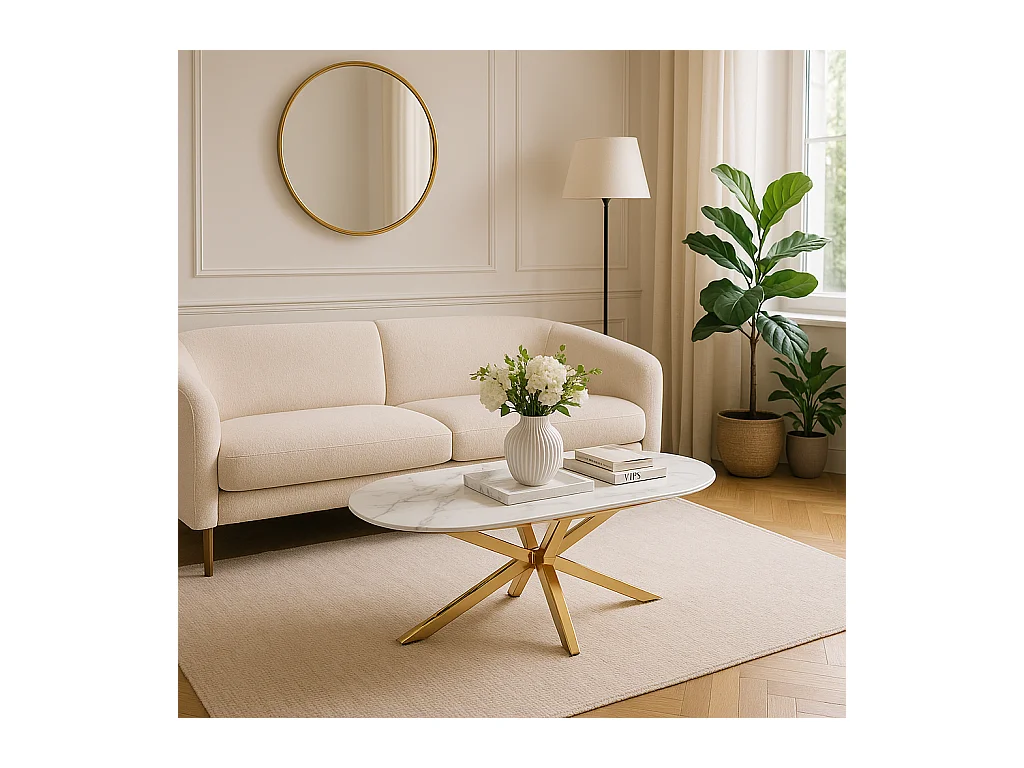 Table basse MANON Gold & Céramique Marbre Blanc 120x60 cm