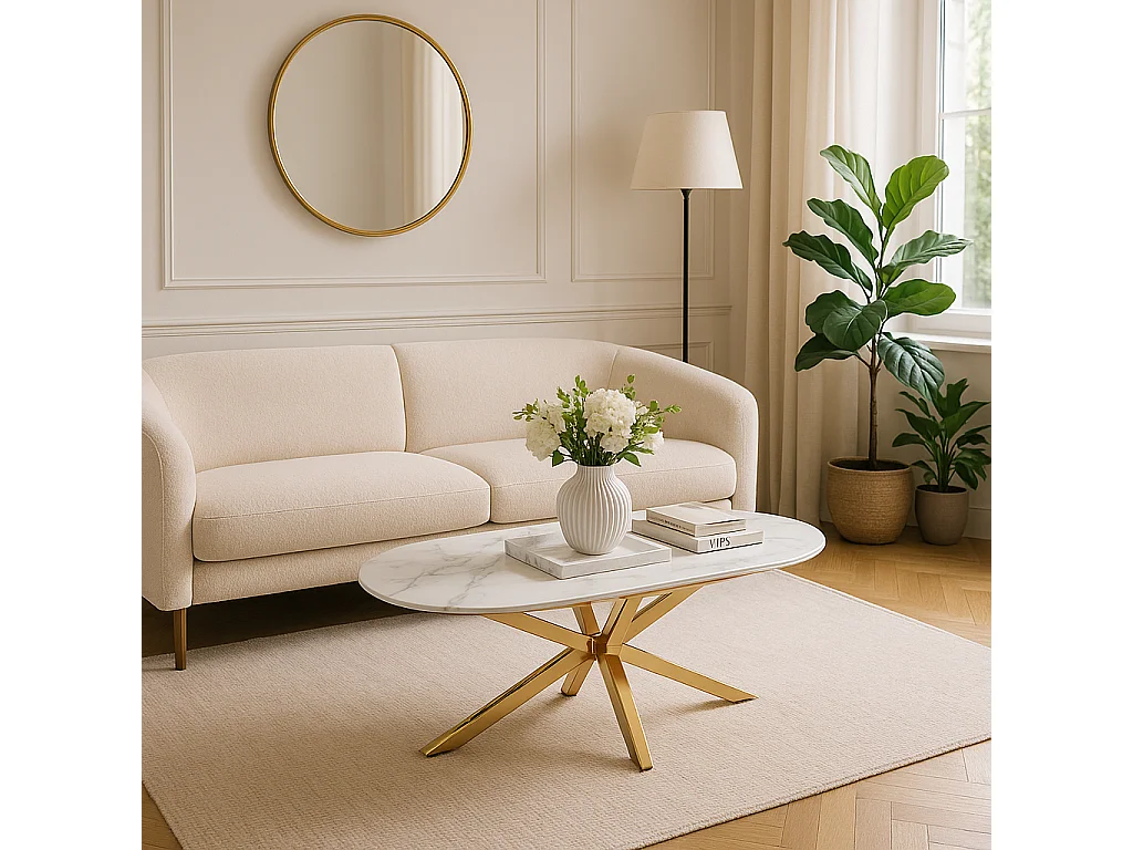 Table basse MANON Gold & Céramique Marbre Blanc 120x60 cm