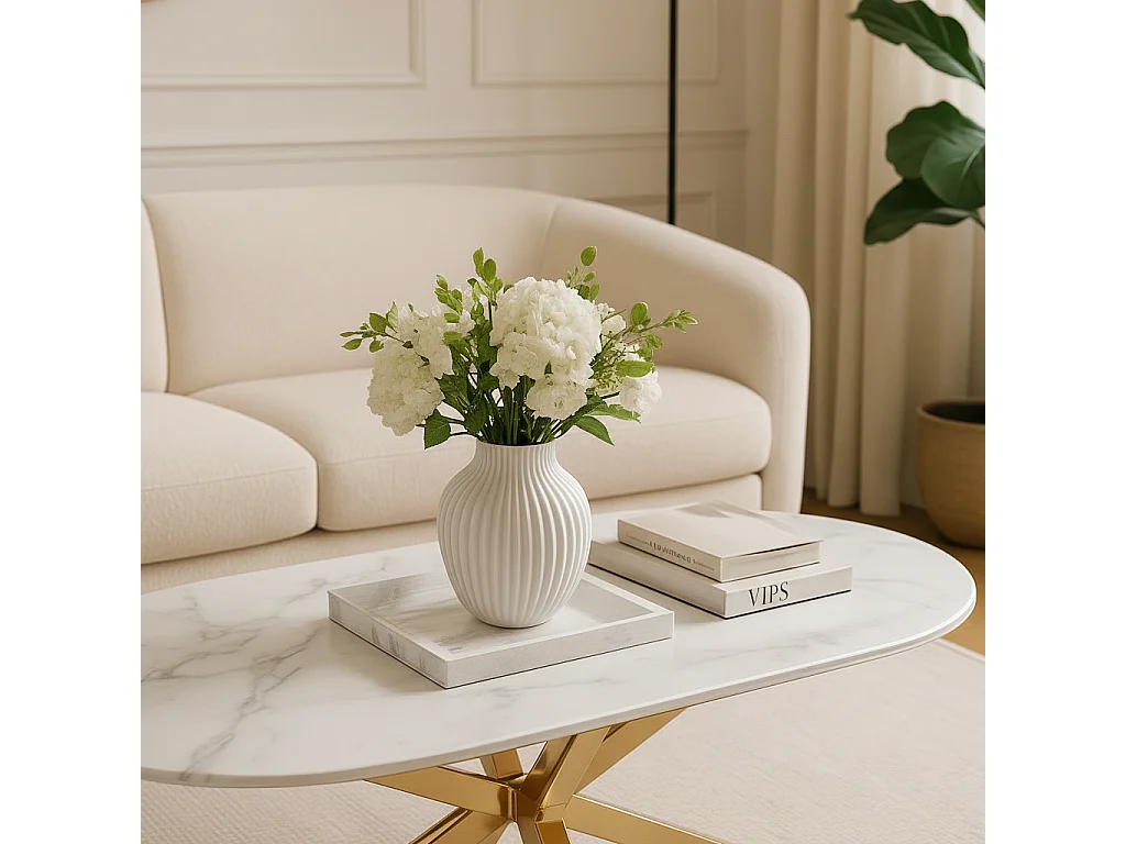 Table basse MANON Gold & Céramique Marbre Blanc 120x60 cm