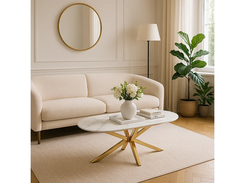 Table basse MANON Gold & Céramique Marbre Blanc 120x60 cm