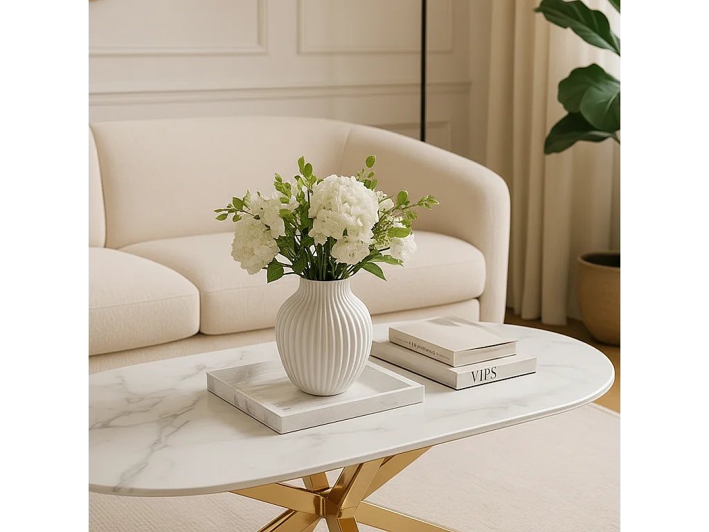 Table basse MANON Gold & Céramique Marbre Blanc 120x60 cm