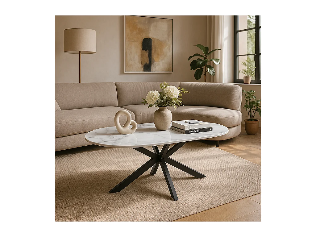 Table basse MANON Métal Noir & Céramique Marbre Blanc 120x60 cm