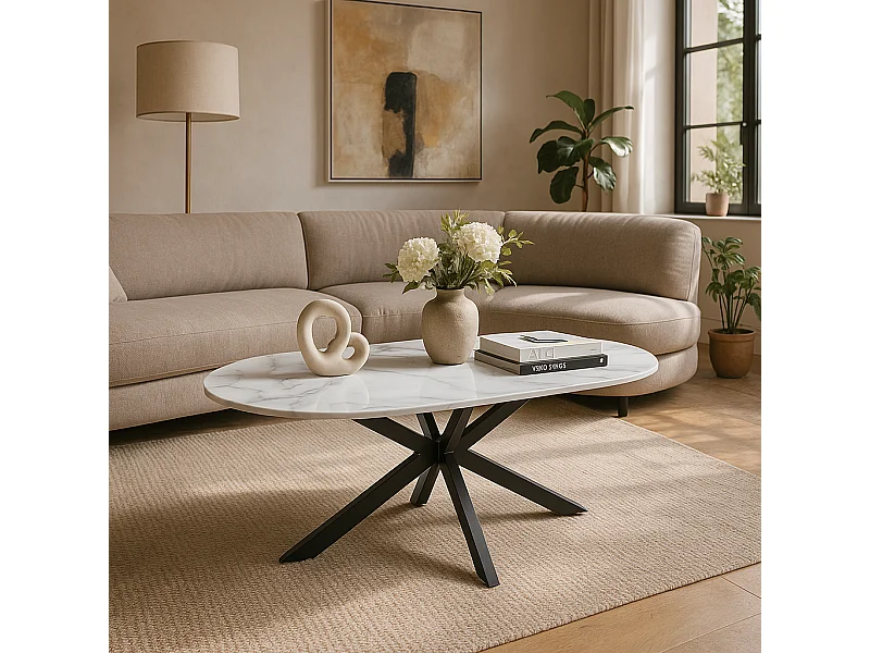 Table basse MANON Métal Noir & Céramique Marbre Blanc 120x60 cm