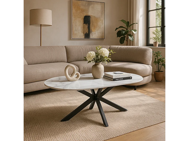 Table basse MANON Métal Noir & Céramique Marbre Blanc 120x60 cm