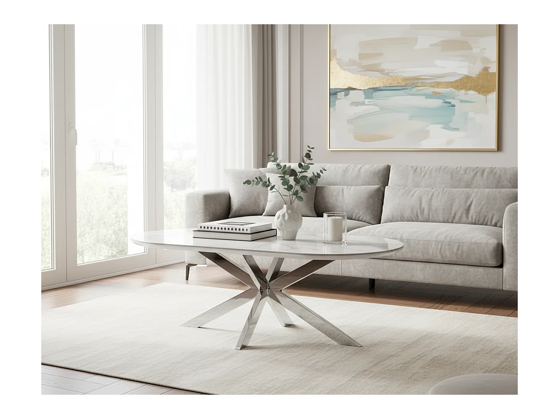 Table basse MANON Chrome & Céramique Marbre Blanc 120x60 cm