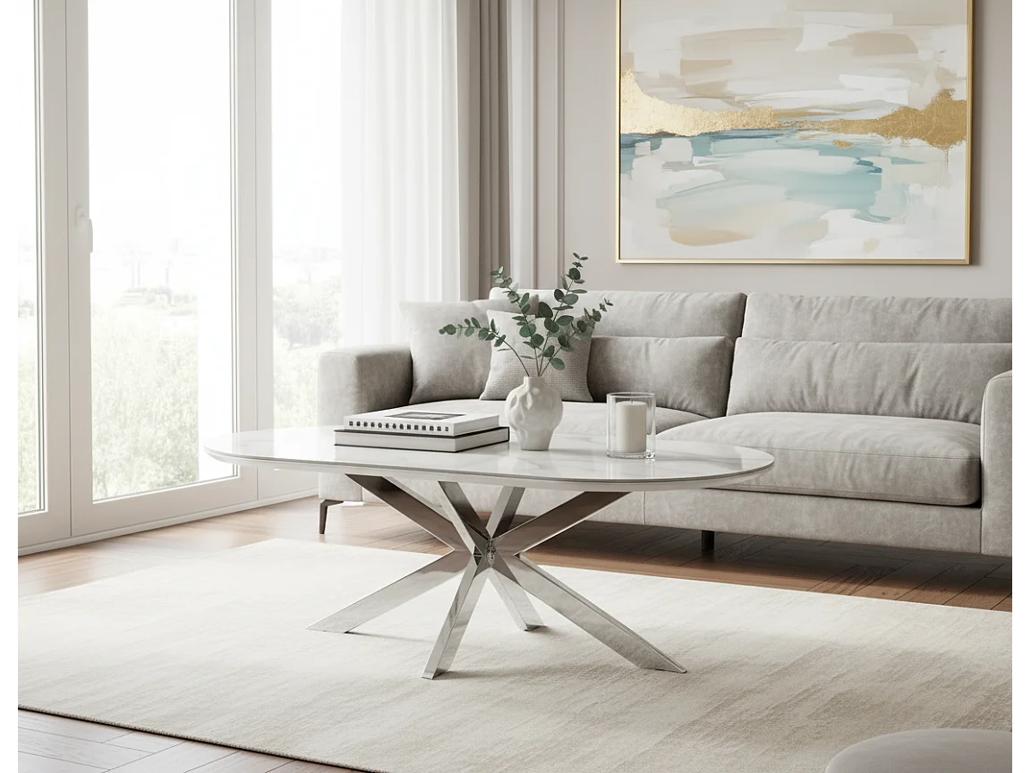 Table basse MANON Chrome & Céramique Marbre Blanc 120x60 cm