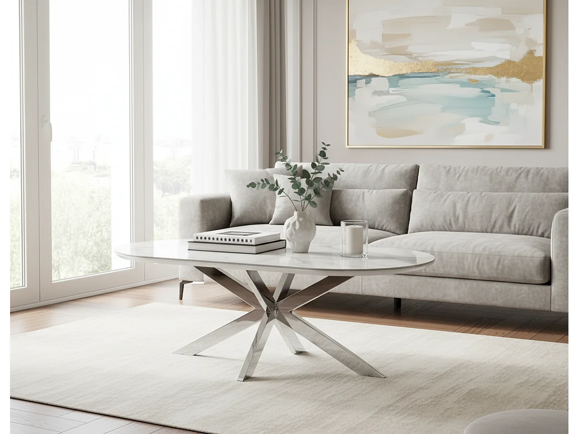 Table basse 120x60 céramique effet marbre blanc pieds chromés