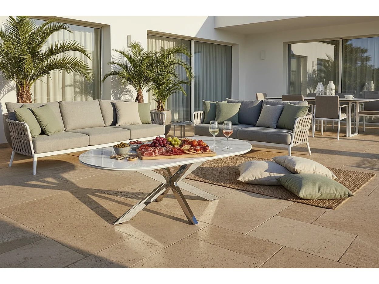 Table basse 120x60 céramique effet marbre blanc pieds chromés