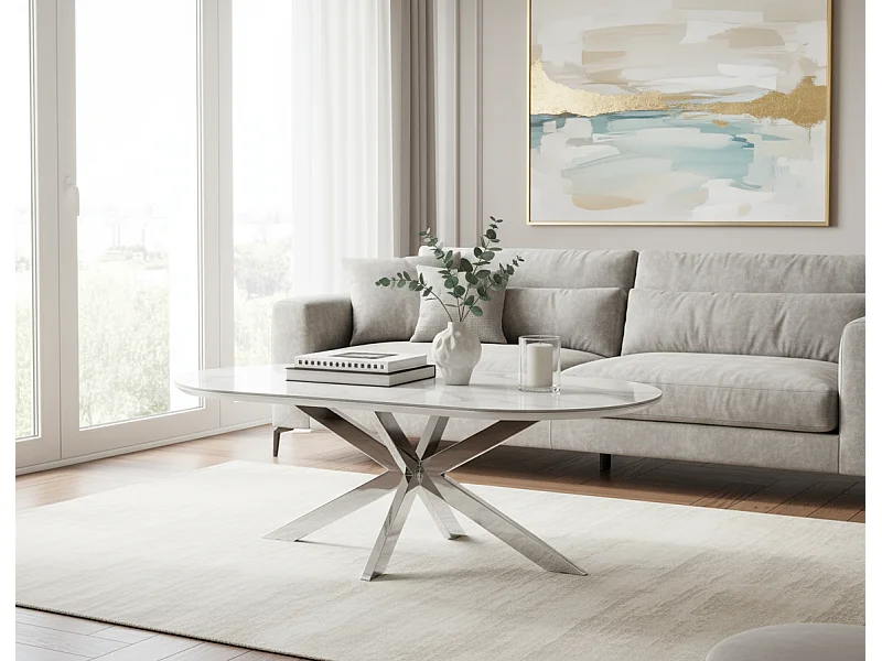 Table basse MANON Chrome & Céramique Marbre Blanc 120x60 cm