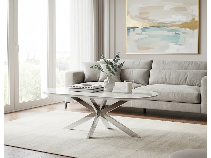 Table basse MANON Chrome & Céramique Marbre Blanc 120x60 cm