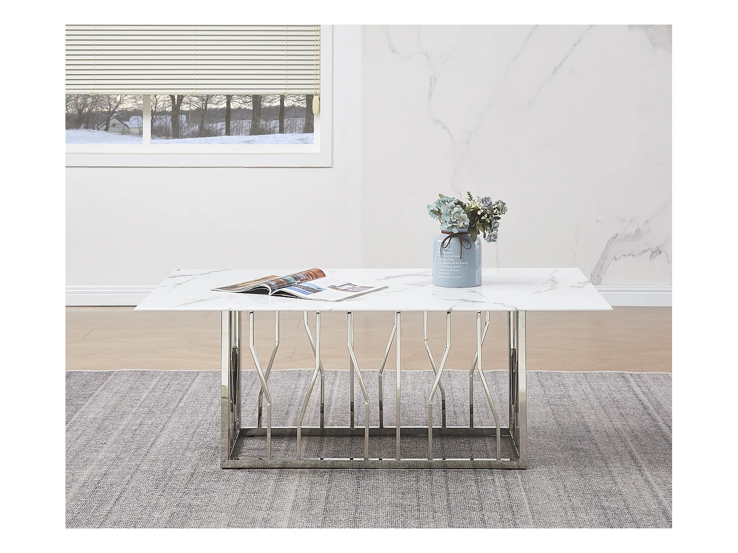 Table Basse PORTOFINO – Chrome & Marbre Blanc – 120x70x45 cm