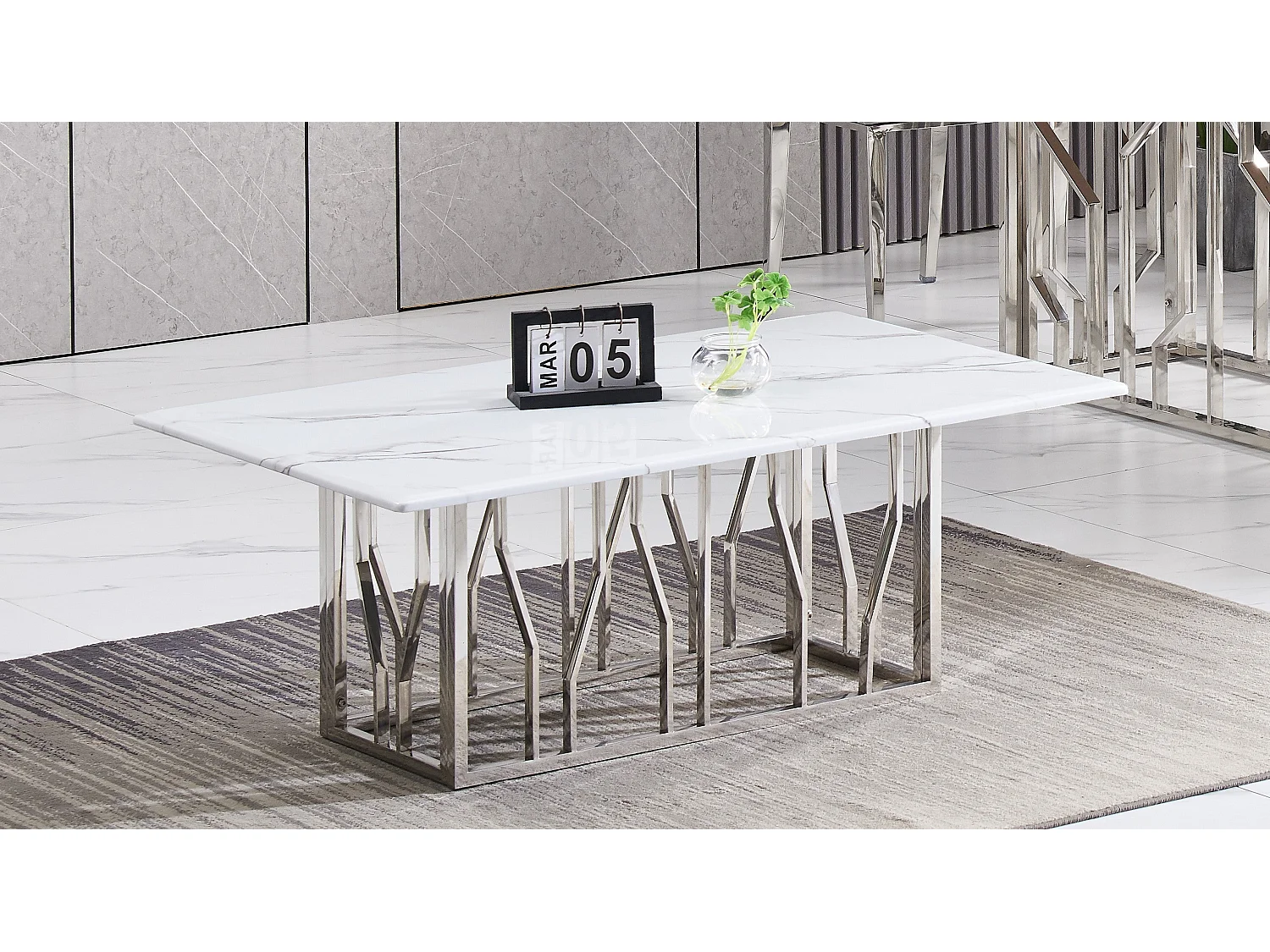 Table basse 120x70 céramique effet marbre blanc pieds chromés