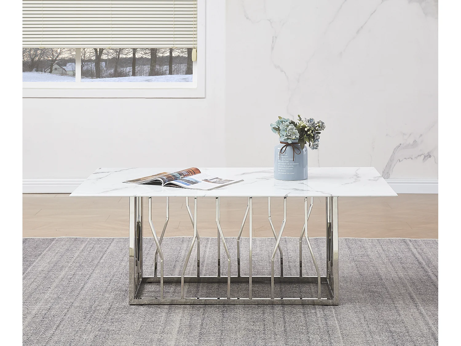 Table basse 120x70 céramique effet marbre blanc pieds chromés