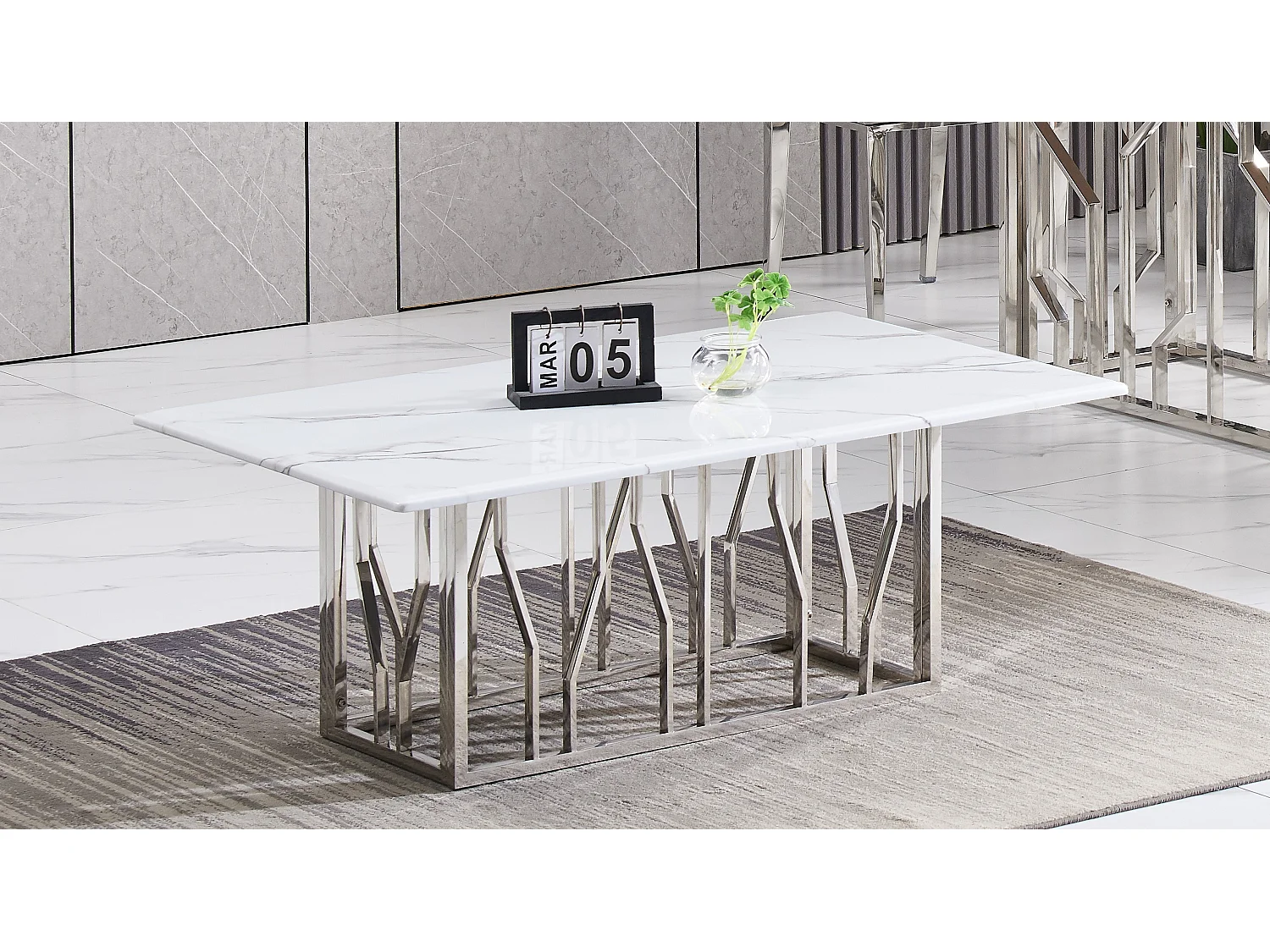 Table basse 120x70 céramique effet marbre blanc pieds chromés