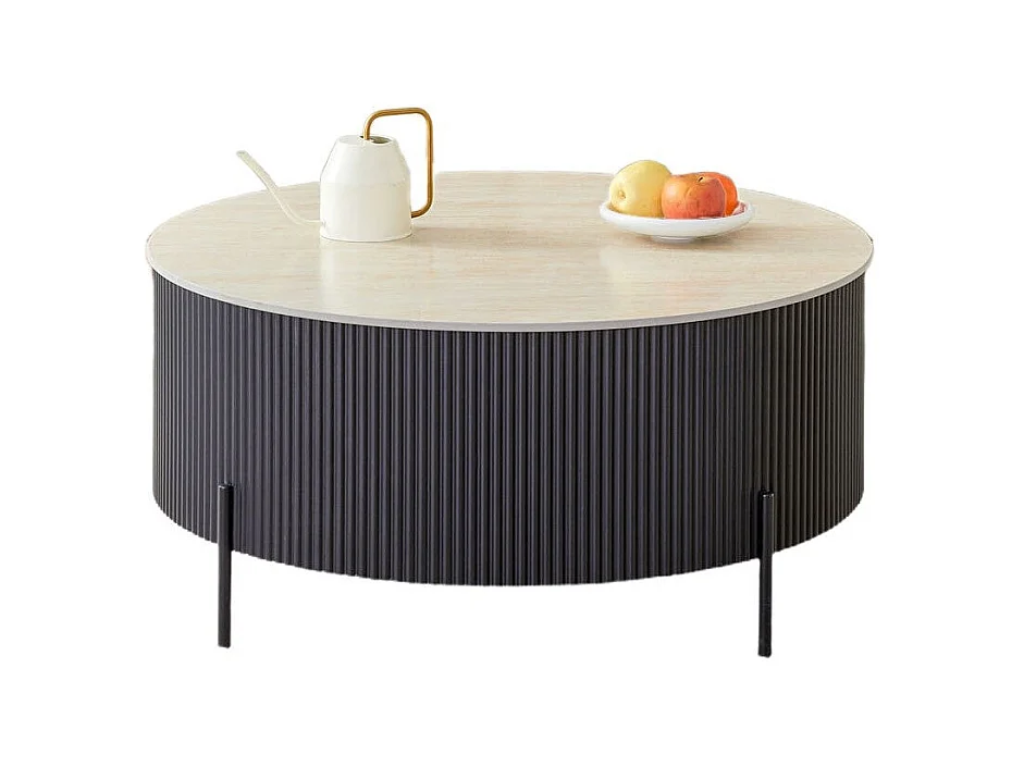 Table Basse RUBY – Céramique Effet Travertin – Pied Métal – Ø80 cm