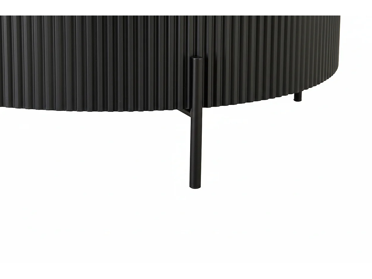 Table Basse RUBY Ronde Plateau Céramique Effet Travertin Noir Pied Métal Noir D80xH45 cm