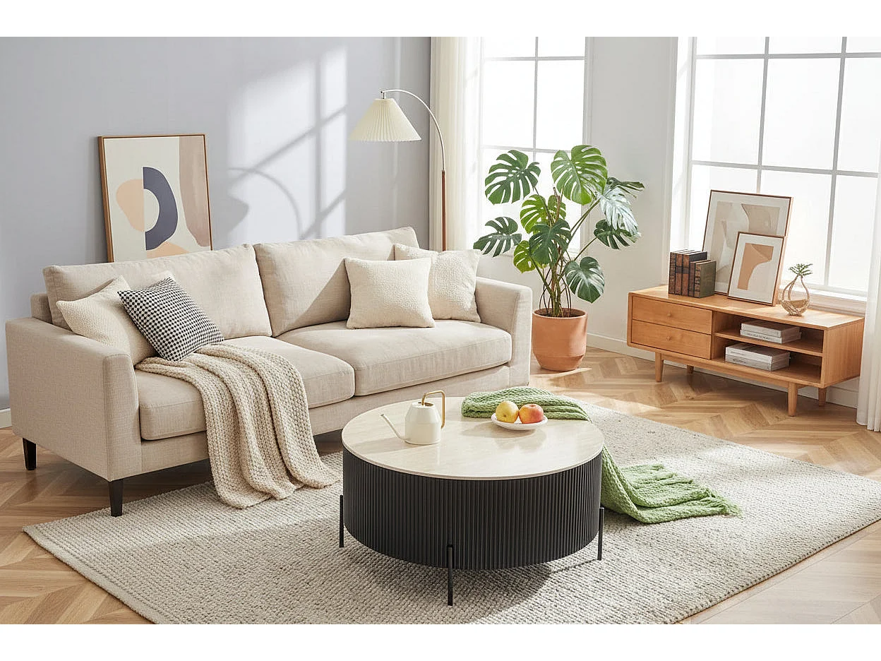 Table basse ronde céramique travertin noir métal Ø80x45 cm RUBY