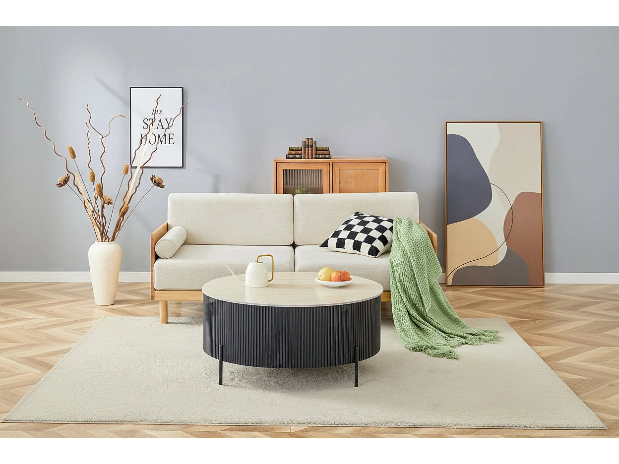 Table basse ronde céramique travertin noir métal Ø80x45 cm RUBY