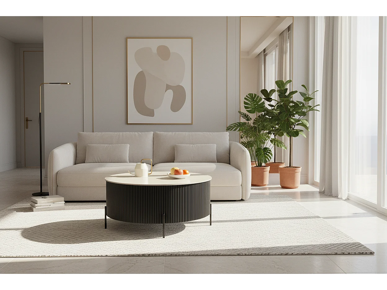 Table Basse RUBY Ronde Plateau Céramique Effet Travertin Noir Pied Métal Noir D80xH45 cm