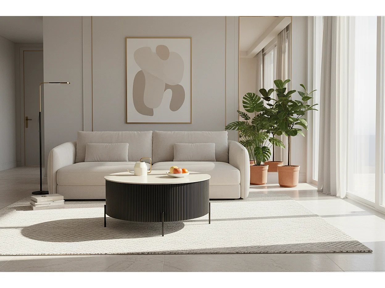 Table basse ronde céramique travertin noir métal Ø80x45 cm RUBY