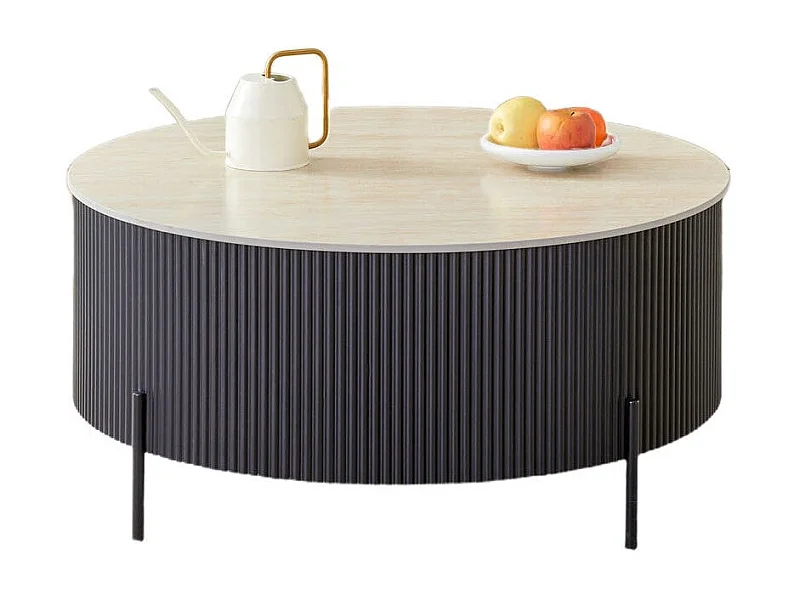 Table Basse RUBY – Céramique Effet Travertin – Pied Métal – Ø80 cm