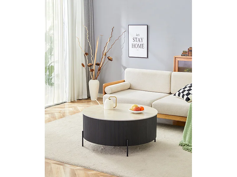 Table Basse RUBY Ronde Plateau Céramique Effet Travertin Noir Pied Métal Noir D80xH45 cm