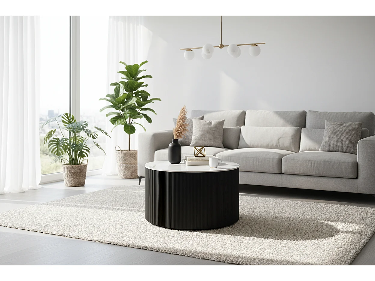 Table Basse VALMY Pieds Métal Noir Plateau Céramique Marbré Blanc D90xH45 cm